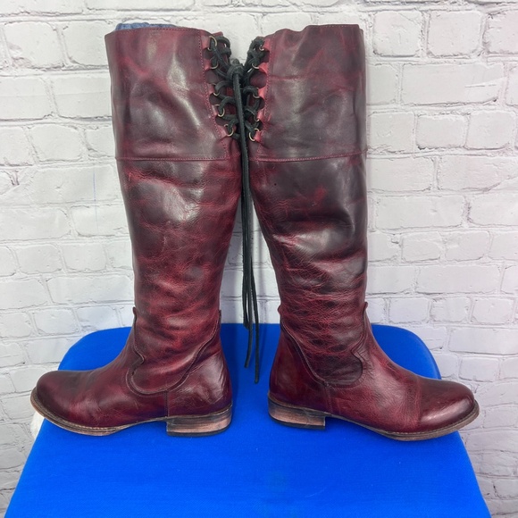 🦄•|•FREEBIRD BY STEVEN•| Cyn in Wine Color Knee High Boots Lace Up Top - Picture 2 of 12